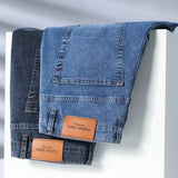 2024 Brand Thin or Thick Material Men's Elastic Cotton Jeans Fashion Gray Comfortable Denim Business Casual High Waist Pants
