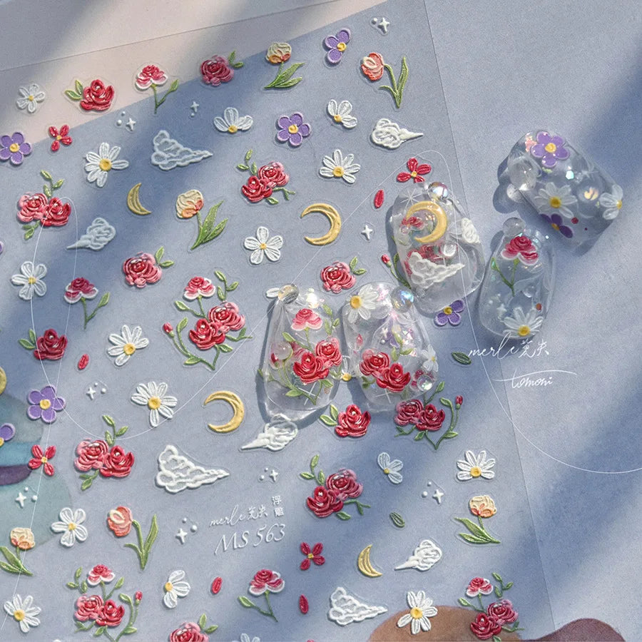 Colorful Sparkling Glass Fragment Spring Wildflowers High Quality Adhesive Flash Nail Stickers Art Decorations Design T-3784