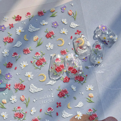Colorful Sparkling Glass Fragment Spring Wildflowers High Quality Adhesive Flash Nail Stickers Art Decorations Design T-3784