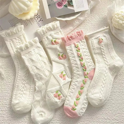 5 Pairs Women White Pink Floral Pattern Socks Cute Sweet Versatile Fashionable Socks Comfortable Breathable Mid Length Socks ﻿