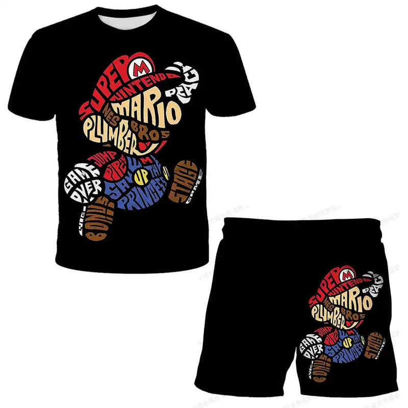 Summer anime Super Mario fashion cute boy 3D top T-shirt+shorts two-piece set Mario girl and boy top short sleeved shorts