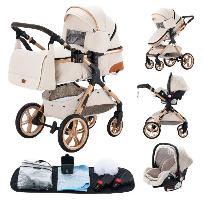 Luxurious Baby Stroller 3 in 1 Portable Travel Baby Carriage Folding Prams High Landscape Aluminum Frame Car for Newborn Baby