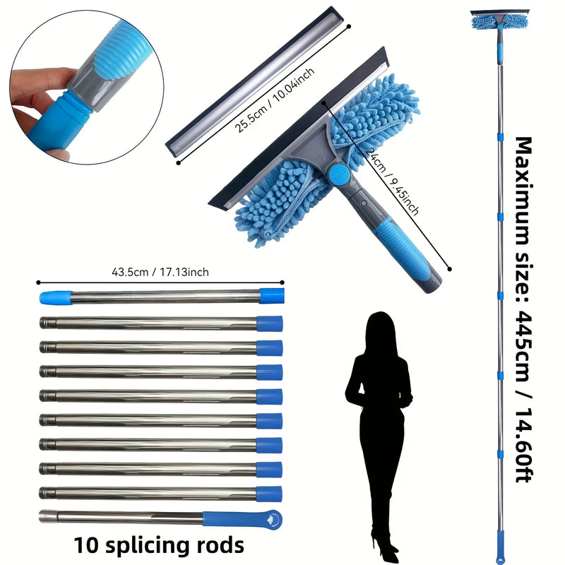 1pcs 2-in-1 High-Rise Window Cleaner Reusable Squeegee & Extendable Pole for Glass Scrubbing Stainless Steel Edge