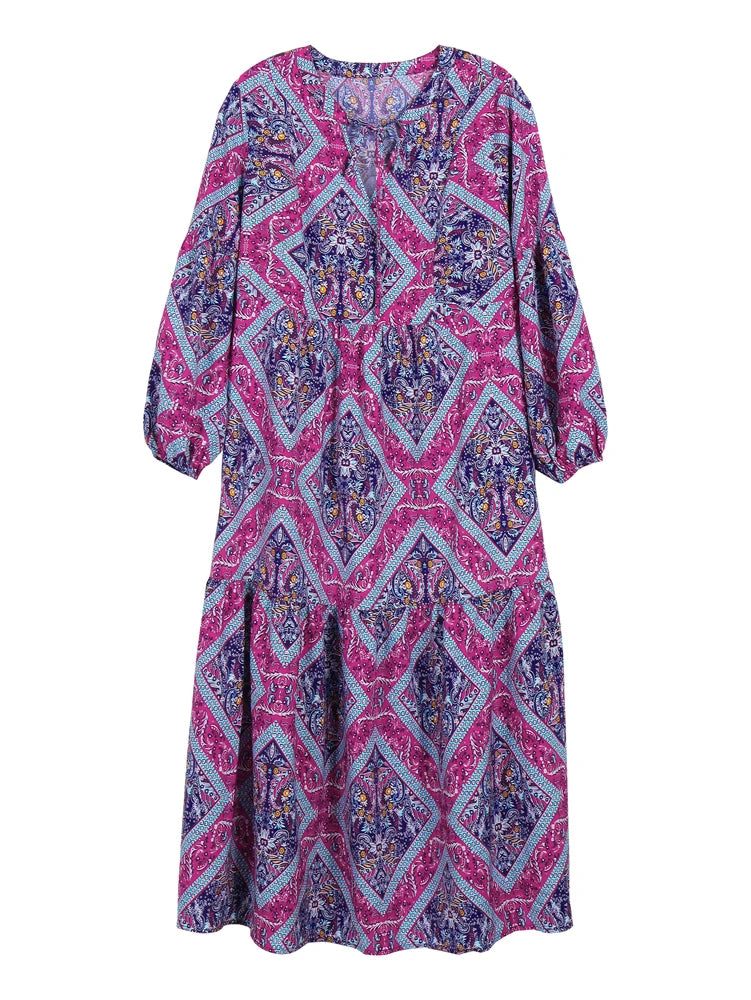 Plus size 2025 novo feminino com decote em v roxo casual impresso vestido longo casual solto poliéster manga longa pulôver