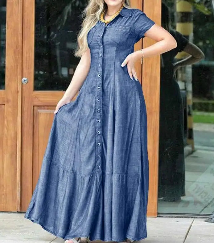 Womens Dresses 2023 Summer Fashion Solid Color Lapel Short Sleeve Daily Swing Single-Breasted Denim Maxi Shirt Dress