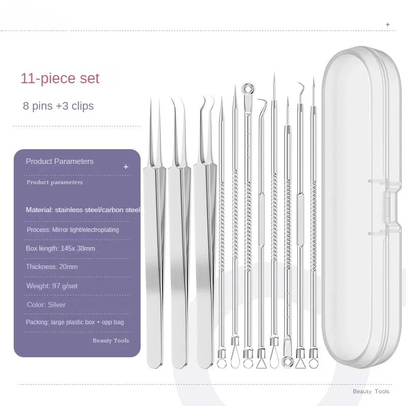 11Pcs Acne Needle Professional Tweezers Acne Remover Ultra-fine No. 5 Cell Pimples Blackhead Clip Facial Pore Cleaning Care Tool