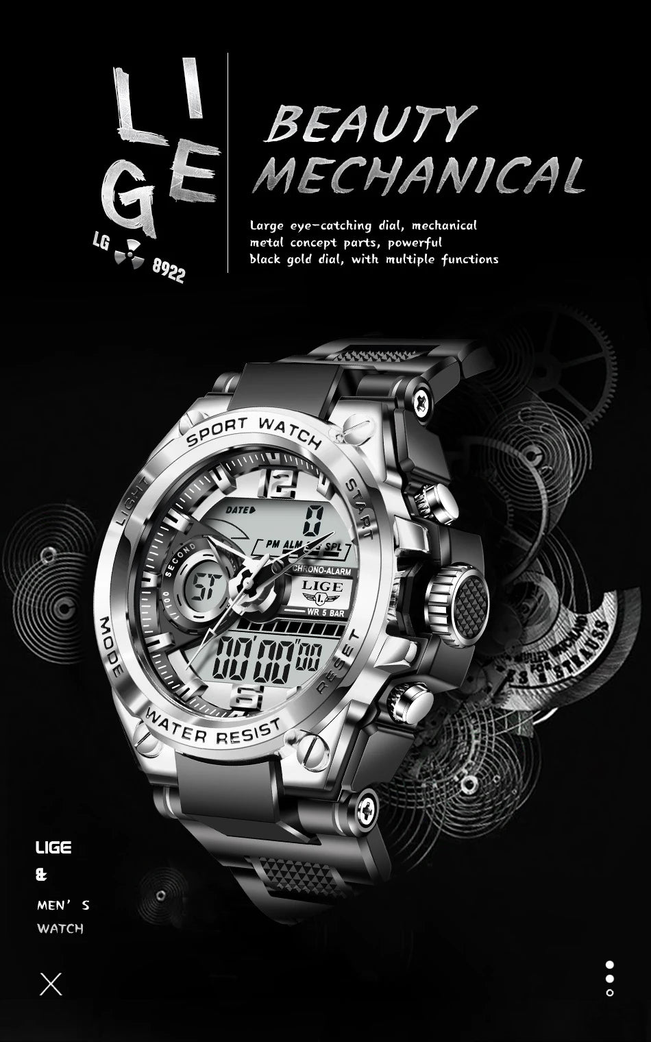 Reloj militar LIGE para hombre, digital, resistente al agua hasta 50 m, LED, de cuarzo, deportivo, grande, Masculino