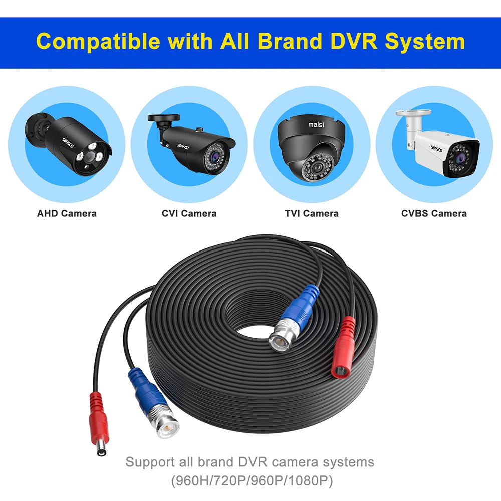 Cable de alimentación de video para cámara de seguridad SANSCO de 30 m (100 pies) con conector BNC y RCA para cámaras CCTV y DVR en sistemas de vigilancia CCTV.