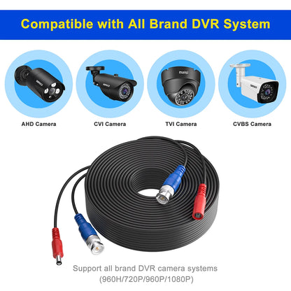 Cable de alimentación de video para cámara de seguridad SANSCO de 30 m (100 pies) con conector BNC y RCA para cámaras CCTV y DVR en sistemas de vigilancia CCTV.