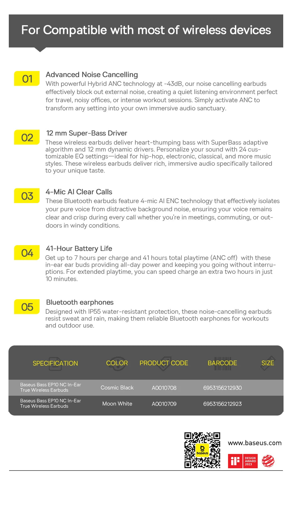 Fones de Ouvido True Wireless Baseus Bass EP10 NC – Cancelamento de Ruído ANC de -43dB, Bluetooth 6.0, Intra-auriculares, 4 Microfones com ENC