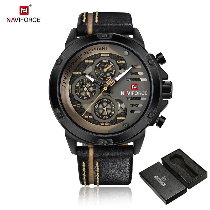 NAVIFORCE Men Watch Sport Man Wristwatch Top Brand Luxury Gold Military Date Week Genuine Leather Quartz Male Clock Gift 9110