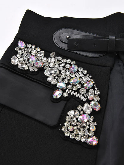EAM - Minifalda negra con cinturón y pedrería irregular, cintura alta, para mujer, tendencia de moda, primavera otoño 2025, JY75801