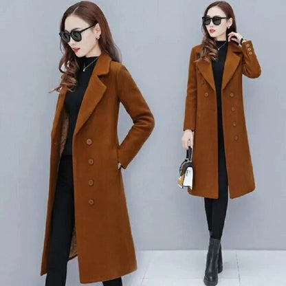 Female Woolen Coat Velvet 2023 Women's Double-Breasted Woolen Coat Spring and Autumn Woolen Coat Fashion Suit Collar ThickTrench