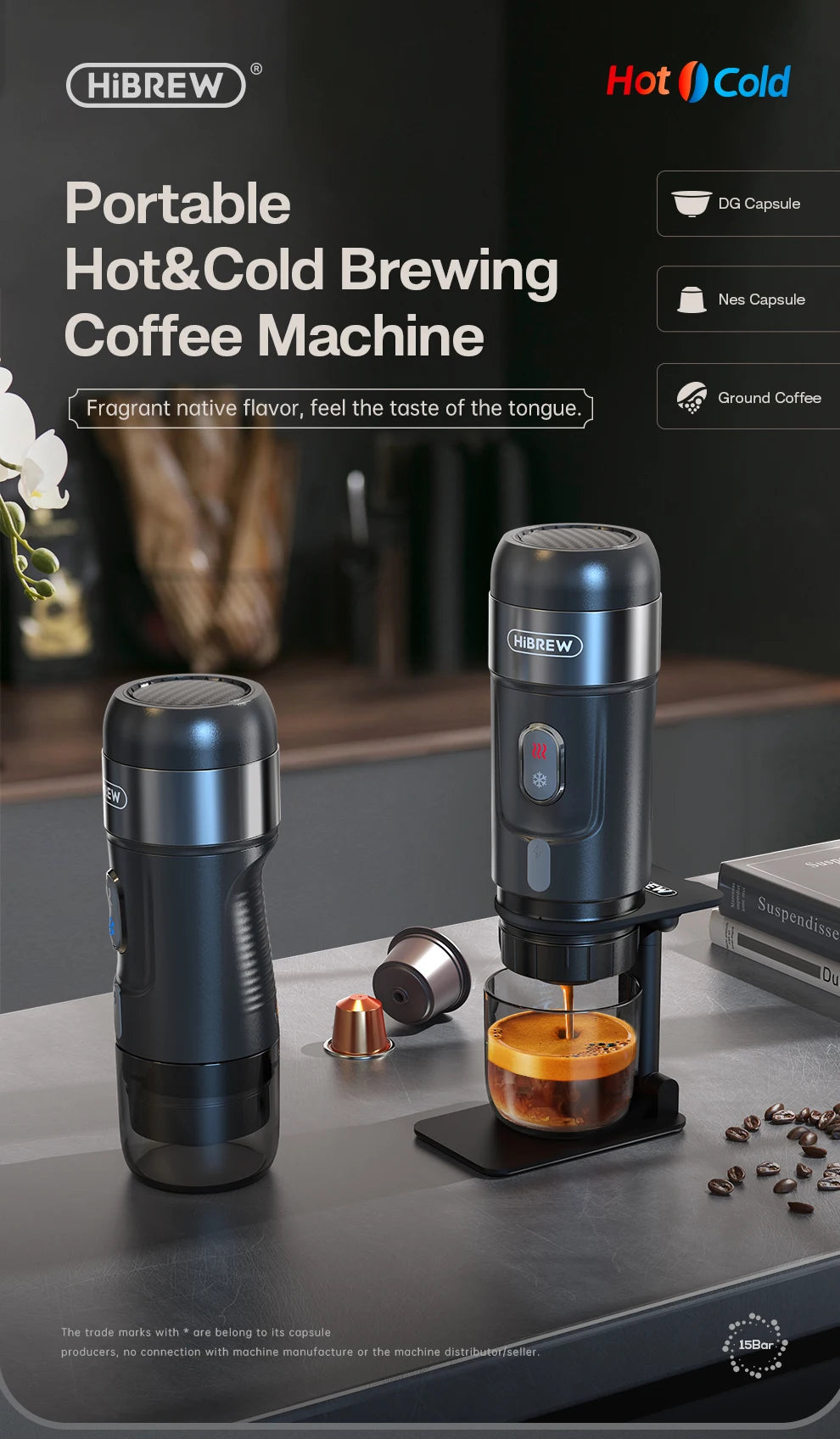 HiBREW Portable Coffee Machine for Car & Home, DC12V Espresso Coffee Maker Fit Nespresso Dolce Pod Capsule Coffee Powder H4A