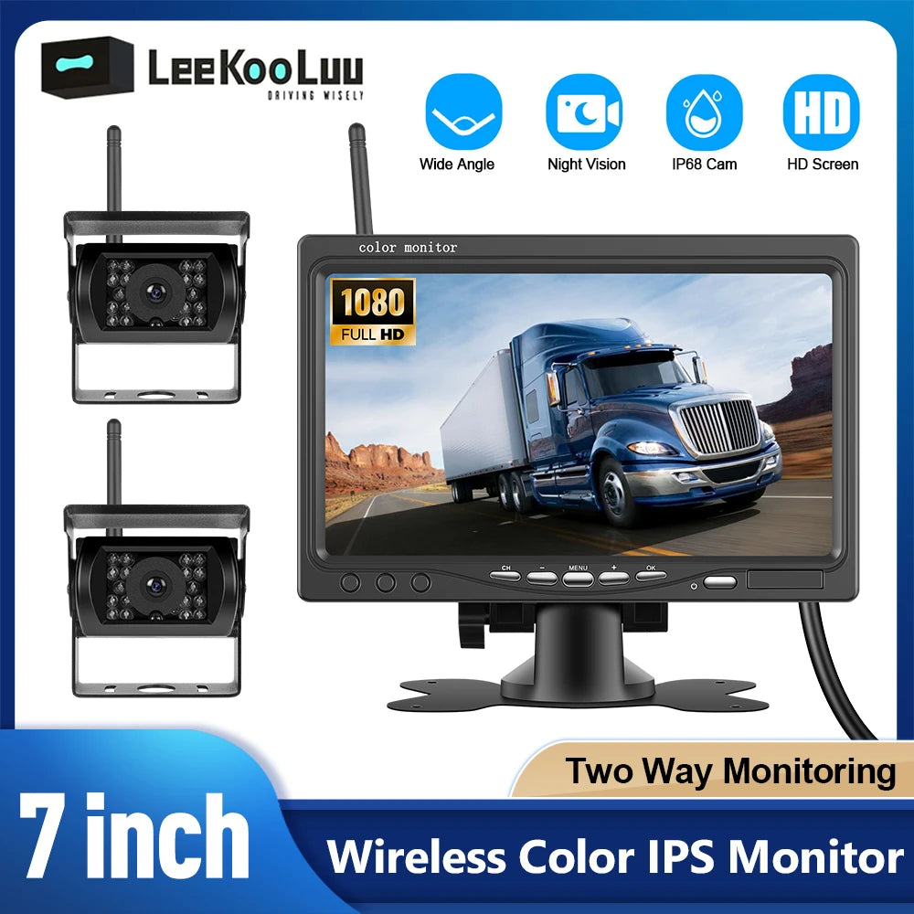 LeeKooLuu Wireless Dual Backup Reversing Cameras and 7" IPS Car Monitor IR Night Vision Rear View Camera for RV Truck Trail Bus