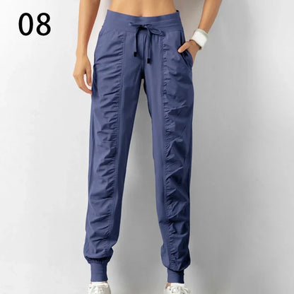 Sweatpants Fabric Drawstring Running Sport Joggers Women Quick Dry Athletic Gym Fitness with Two Side Pockets Exercise Pants