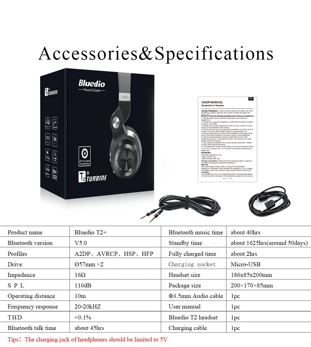 Auriculares Bluetooth Bluedio T2+ Auriculares inalámbricos deportivos plegables Bluetooth 5.0 Sonido HIFI 57 mm Graves potentes Ranura para tarjeta SD