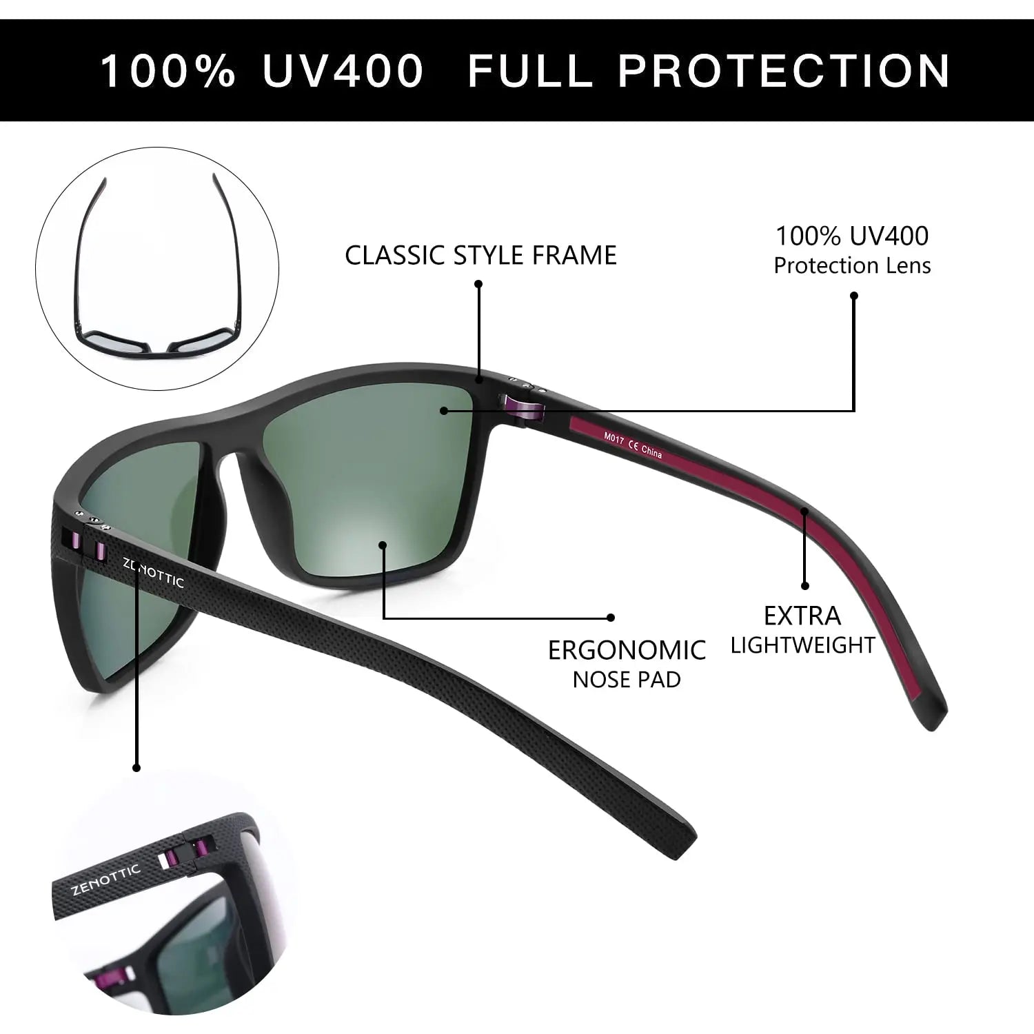 ZENOTTIC Polarized Sunglasses for Men Shades Lightweight TR90 Frame UV400 Protection Square Outdoor Travel Driving Sun Glasses