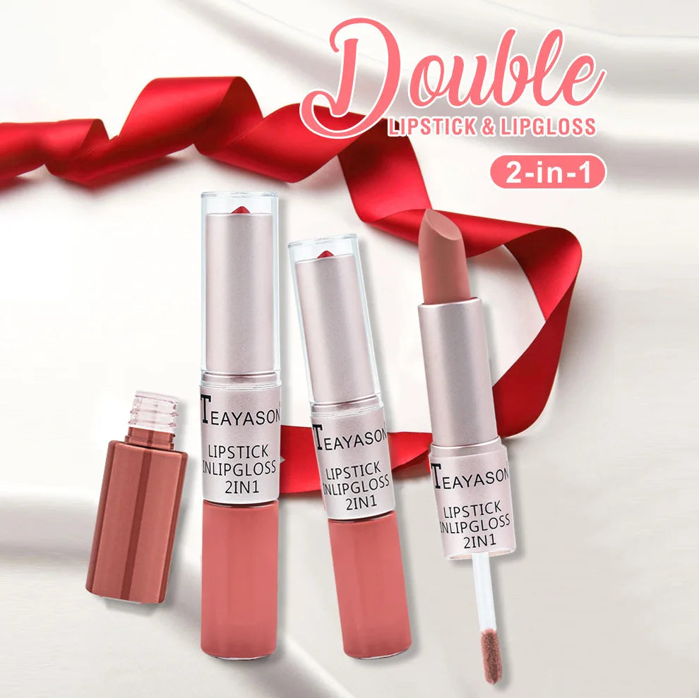 Lápiz labial mate aterciopelado de larga duración, brillo labial de doble cabezal, taza antiadherente, brillo labial, tinte voluminizador, lápiz labial resistente al agua, maquillaje