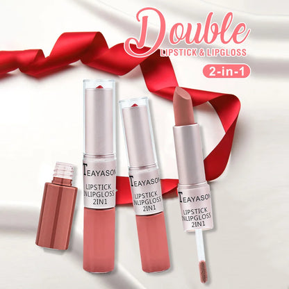 Lápiz labial mate aterciopelado de larga duración, brillo labial de doble cabezal, taza antiadherente, brillo labial, tinte voluminizador, lápiz labial resistente al agua, maquillaje