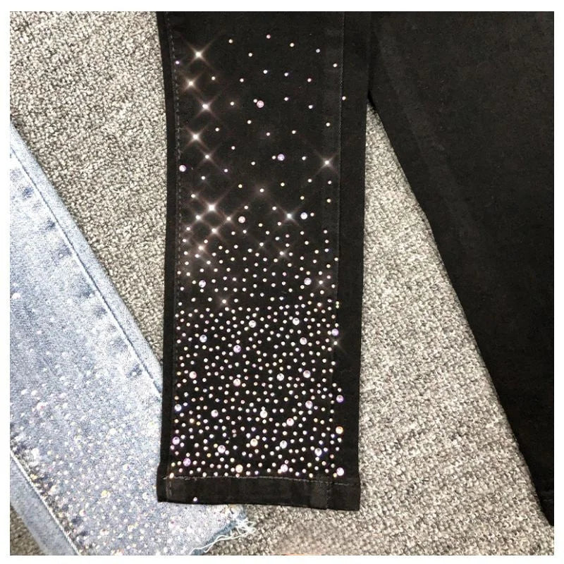 Spring Summer 2024 New Fashion Harem Denim Pants Female Rhinestones Korean Version High Waist Slim Elastic Jeans Pencil Pants