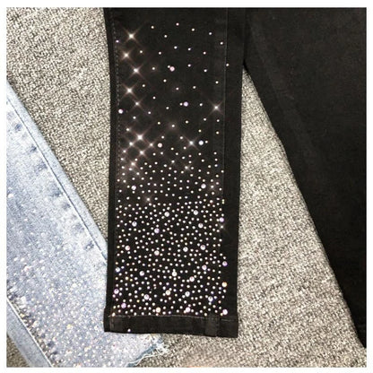Spring Summer 2024 New Fashion Harem Denim Pants Female Rhinestones Korean Version High Waist Slim Elastic Jeans Pencil Pants