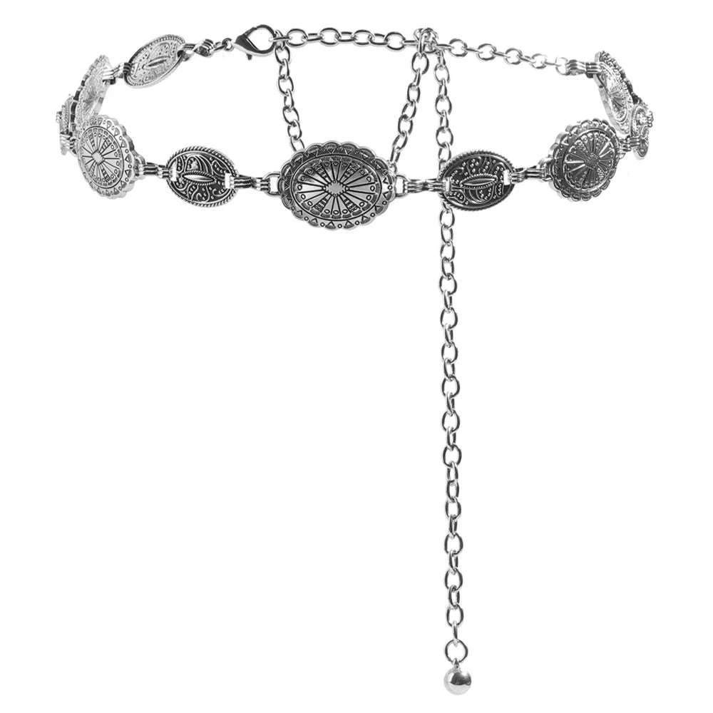 1/2pcs Retro Style WOMEN'S Metal Waist Chain Accessories Decorative Circle Carved Chain Belt High Style Accessories