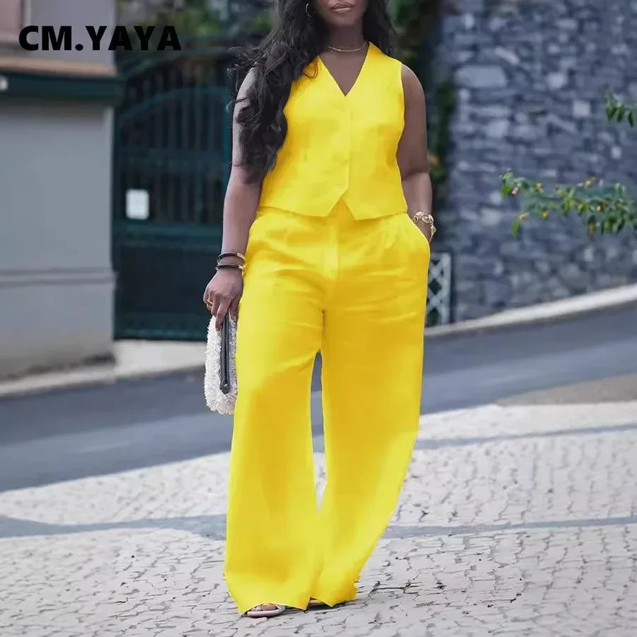 CM.YAYA Street Women's Set Sleeveless Button Fly Vest Shirt and Wide Leg Pants Elegant 2024 Fall Fashion Two 2-Piece Set Outfits