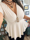 New style women's fashion deep V-neck versatile solid color short-sleeved women's top.