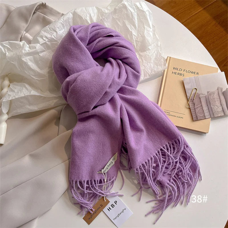New Winer Warm Cashmere Scarf for Women Fashion Solid Thick Blanket Pashmina Shawl Wrap Female Bufanda Echarpe Foulard 2024