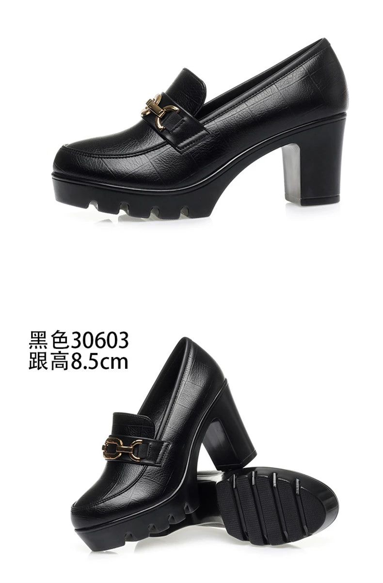 Soft Leather Black Shoe Woman Block Pumps 2024 Thick Bottom Platform Shoes Model Office Work 6.5 cm 8 cm High Heels Grace