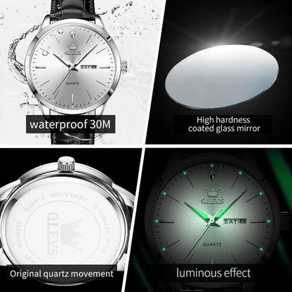 Reloj de vestir de cuarzo OLEVS 2935 con calendario dual para hombre, sencillo y original, de cuero, resistente al agua, luminoso, para negocios.