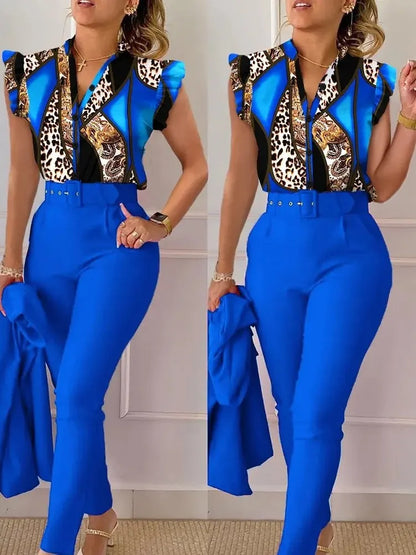 Conjunto elegante de dos piezas ajustado para mujer, moda de verano, estampado de cuello en V, botones, manga acampanada, camisa y pantalón largo liso con cinturón