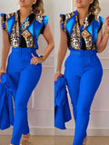 Womens Elegant Slim Two-Piece Sets Summer Fashion Print V Neck Button Flying Sleeve Shirt Top & Solid Long Pants Suits With Belt