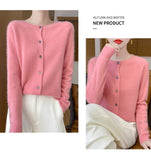 100% Merino Wool Long Sleeve Sweaters Cashmere Cardigan Spring Autumn Women O-Neck Knitwear Tops Clothing Fashion Basic Tops