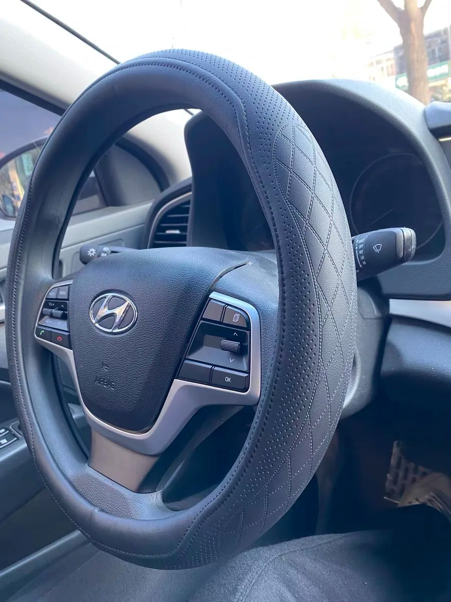 Napa Leather Perforated Patchwork Car Steering Wheel Cover, Non-slip, Breathable, Universal 15 Inch (Approx. 38cm)