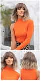 Women Grey Wavy Bob Wigs with Bangs Short Blonde Ombre Synthetic Wig with Dark Roots Natural Hair for Daily Use