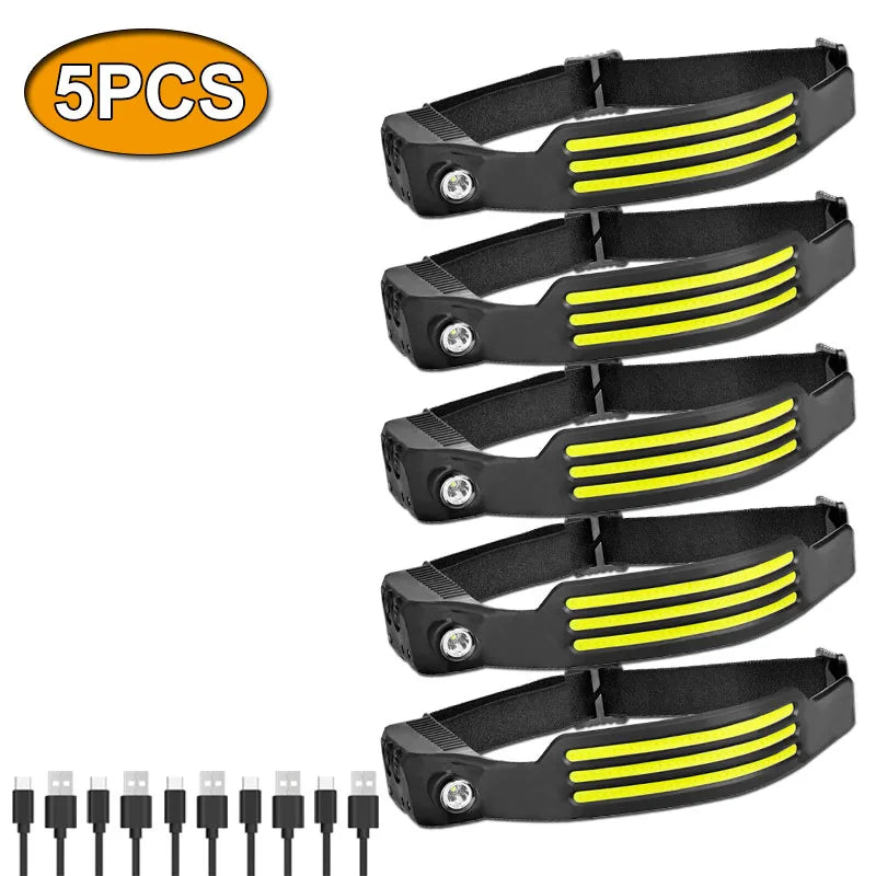 Linterna frontal de inducción LED recargable por USB, batería incorporada, 5 modos de iluminación, para acampar al aire libre y pescar.