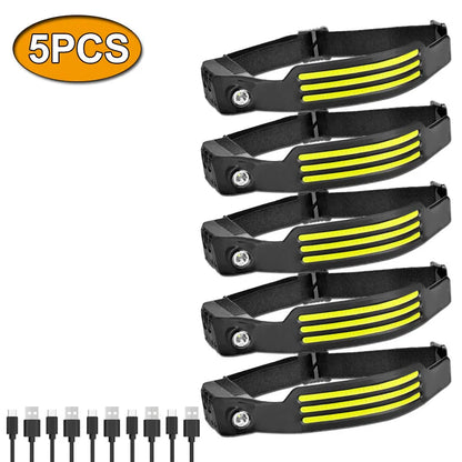 Linterna frontal de inducción LED recargable por USB, batería incorporada, 5 modos de iluminación, para acampar al aire libre y pescar.