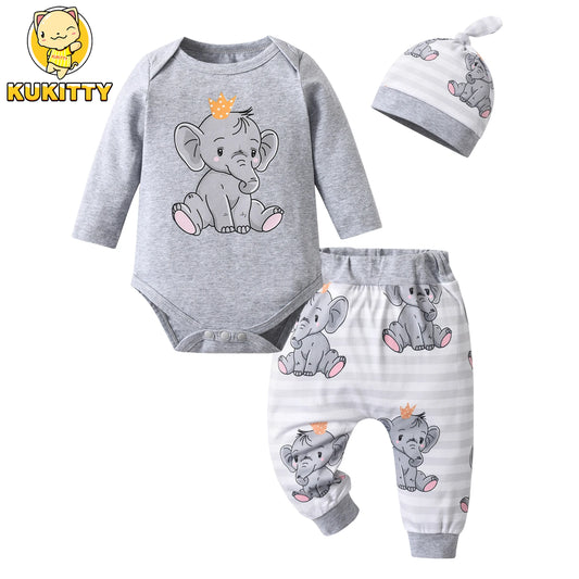 Newborn Baby Boy Elephant Clothes Set Long Sleeve Romper Bodysuit Top and Pants with Hat Spring Autumn Cute Outfit for Boys