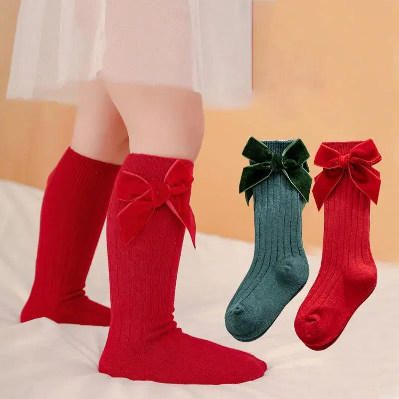 2 par/lote de calcetines de Navidad para bebés y niñas, calcetín largo hasta la rodilla con lazo grande para niños pequeños, calcetines rojos de algodón suave para recién nacidos de 0 a 5 años
