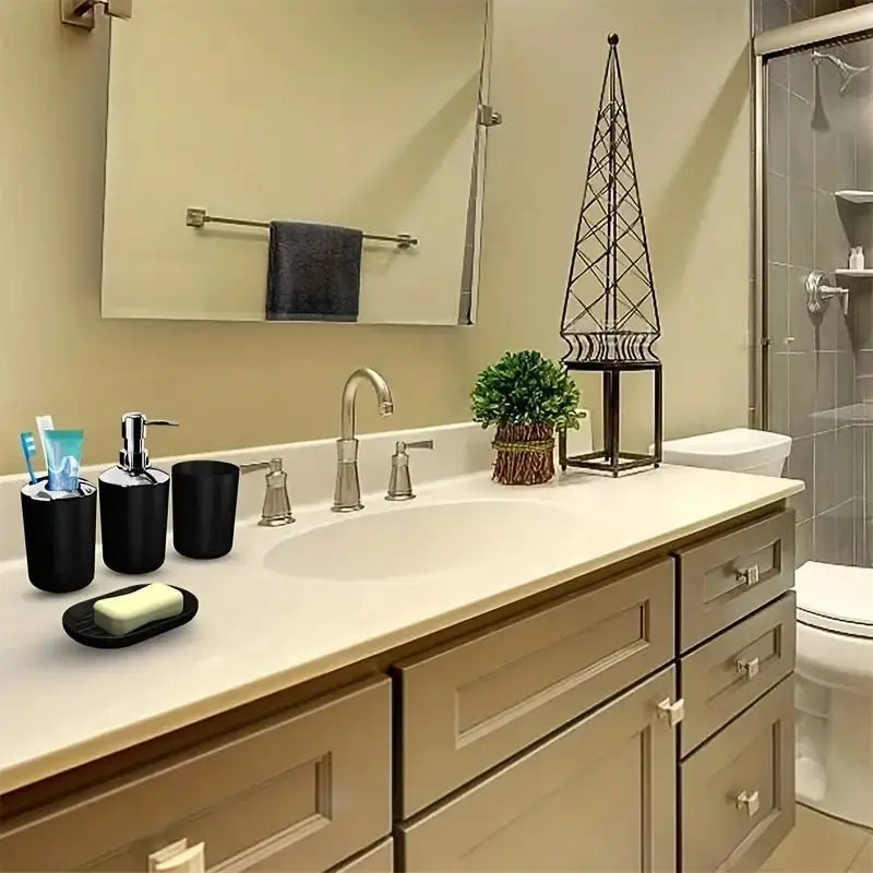 4pcs Bathroom Set, Plastic Gift Set, Toothbrush Holder, Toothbrush Cup, Soap Dispenser, Soap Dish (Gray, Black)