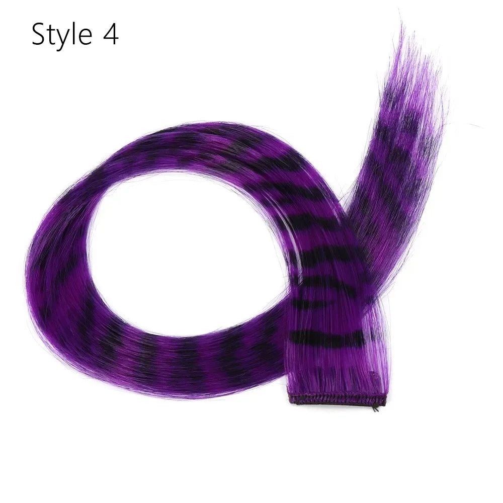 Stripe Printed Clip-in Hair Extensions Colorful Synthetic Hair Highlights 18 Inches Straight Wig Hairpieces for Daily Use Party