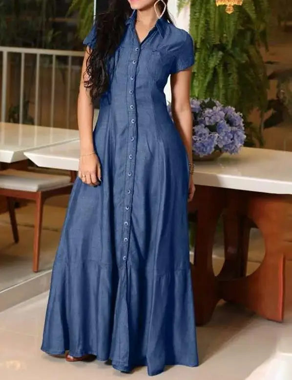 Vestido maxi jeans de um só peito feminino, vestido monocromático, manga curta, lapela, balanço diário, moda verão, 2023