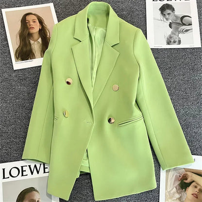 Green Metal Buckle Women's White Suit Jacket Casual Versatile High-end Feel Western-style Clothes Spring/autumn 2023 New