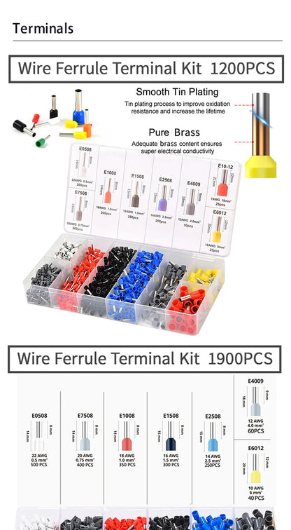 Kit de crimpadora de casquillos hexagonales autoajustables con trinquete, 23-7 AWG, 0,25-10 mm², con terminales de cable y casquillos