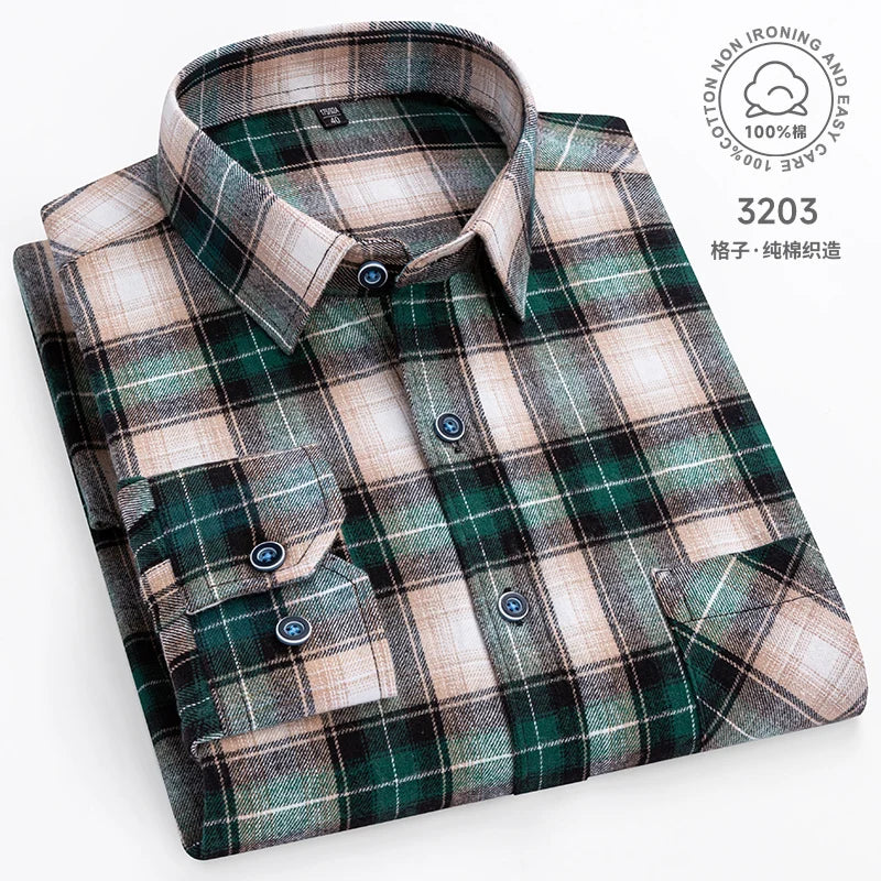 Men Fashion Long Sleeve Brushed Flannel Shirt Single Pocket Comfortable 100% Cotton Casual Slim Fit Button-down Plaid Shirts 8XL