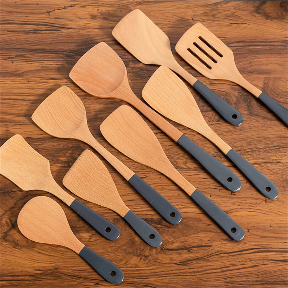 Espátula de madera con mango largo para cocinar, antiadherente, para saltear, resistente al calor, para el hogar, accesorio de cocina