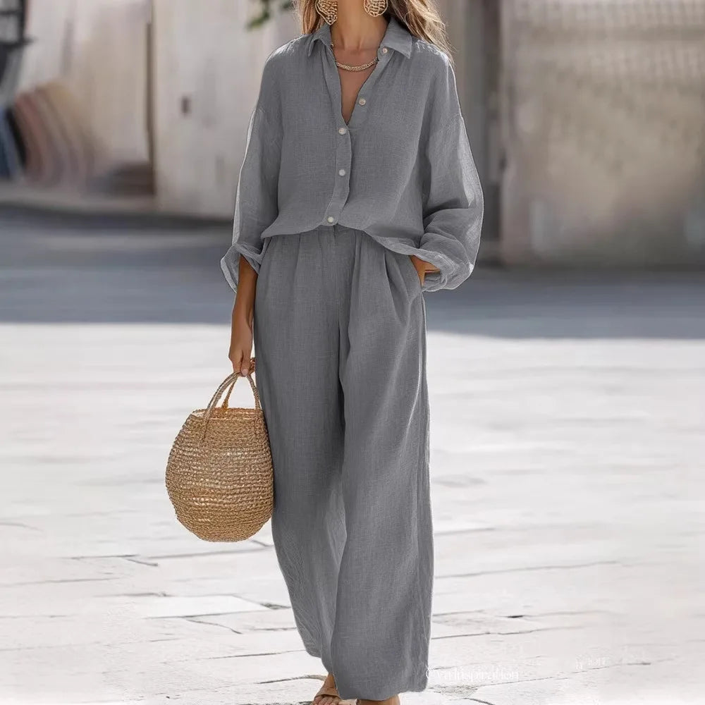 2 pieces women sets 2026 New casual lapel long-sleeved shirt+long pants cotton suit sets women's clothing