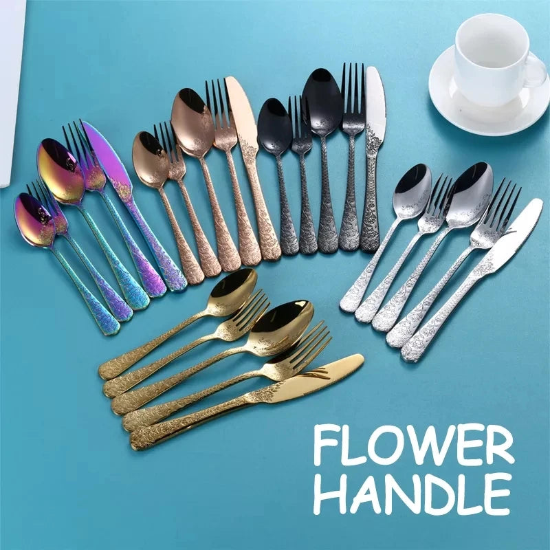 High Quality Cutlery Set Handle Exquisite carving Stainless Steel Golden Tableware Knife Fork Spoon Flatware Set Silverware Set